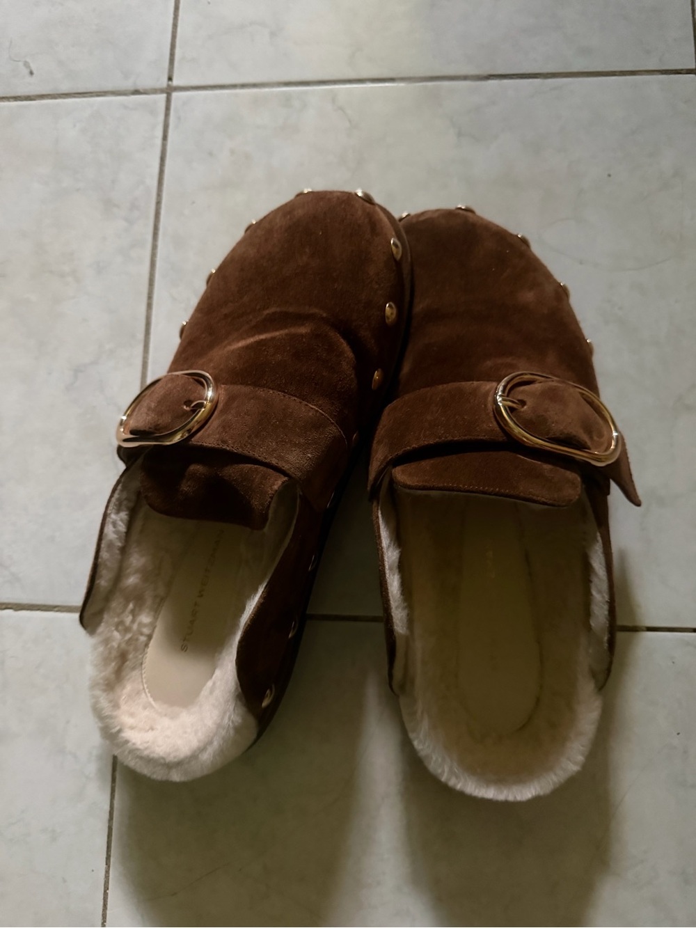 Stuart Weitzman Brown Suede Mule with Fur Trim and Gold Buckle